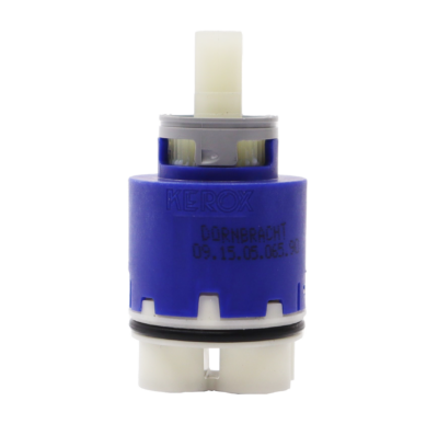 Bright blue faucet body with white bottom grey limit stop and square handle connection and black oring.