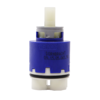 Bright blue faucet body with white bottom grey limit stop and square handle connection and black oring.