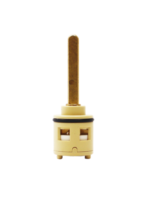 Tan plastic cartridge with brass handle connection black rubber o-ring white ceramic discs and balck rubber seal.