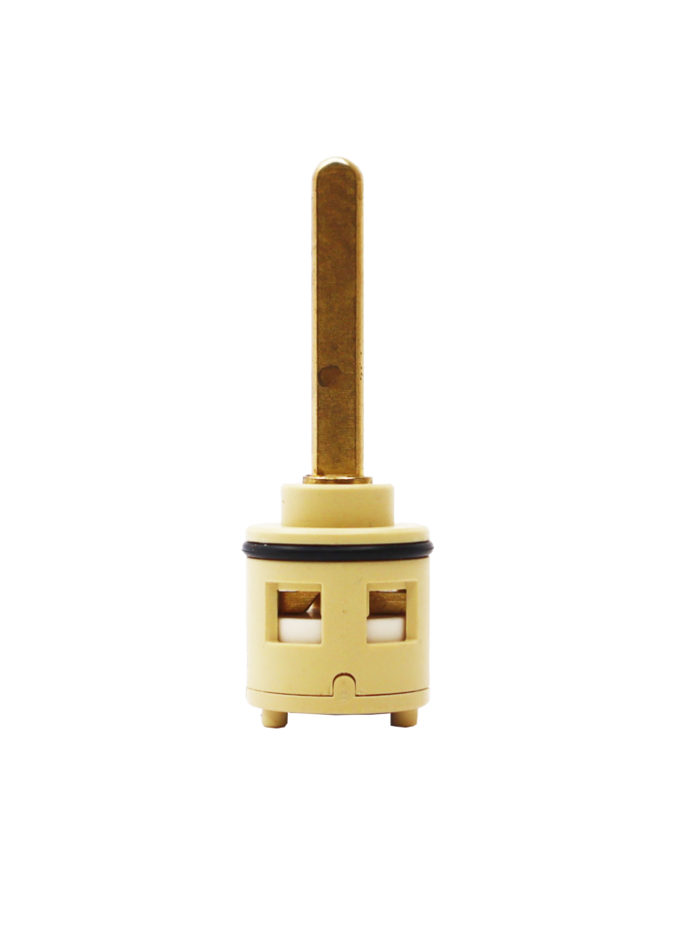 Tan plastic cartridge with brass handle connection black rubber o-ring white ceramic discs and balck rubber seal.