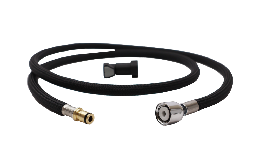 Black braided nylon hose with brass threaded faucet connection polished chrome sprayhead connection with black plastic quick connect.