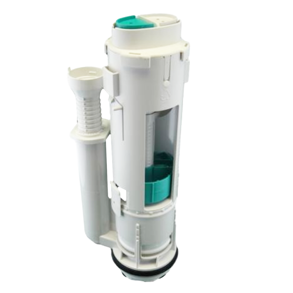 White plastic flush valve with light green button and internal flush valve.