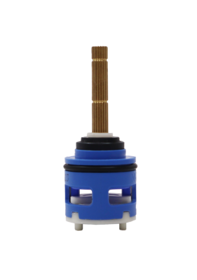 Bright blue plastic cartridge with brass stem white ceramic discs and black oring and seals.