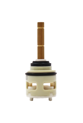 White plastic cartridge with black rubber o-rings brass handle connection white ceramic discs and black rubber seals.