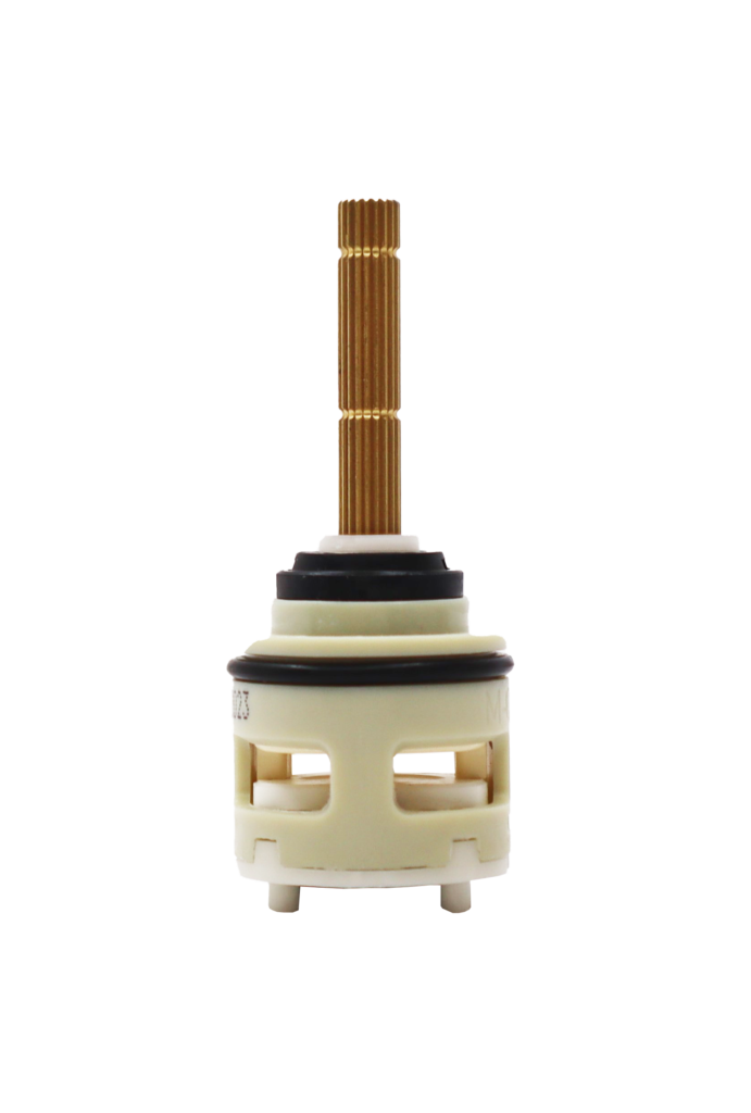 White plastic cartridge with black rubber o-rings brass handle connection white ceramic discs and black rubber seals.