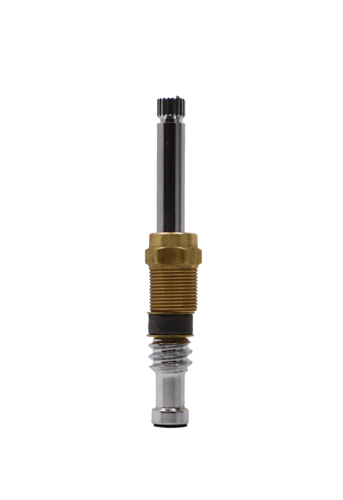 Polished chrome stem with brass bonnet nut brass washers black packing and black bottom washer.
