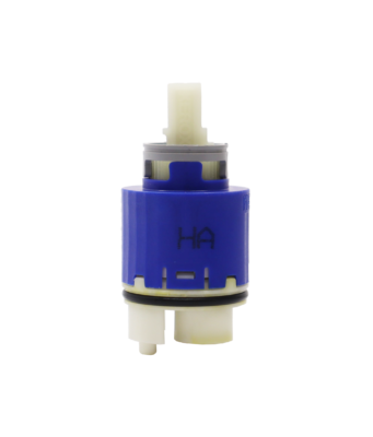 Bright blue and white plastic cartridge with grey limit stop white square handle connection black rubber o-ring and seals.