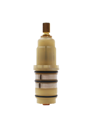 Tan plastic cartridge body with bright brass stem black o-rings stainless mesh and copper bottom.