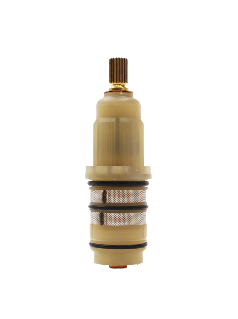 Tan plastic cartridge body with bright brass stem black o-rings stainless mesh and copper bottom.