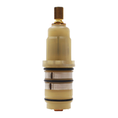 Tan plastic cartridge body with bright brass stem black o-rings stainless mesh and copper bottom.