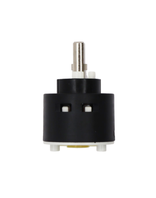 Black and white plastic cartridge with netal handle connection with tan rubber seals.