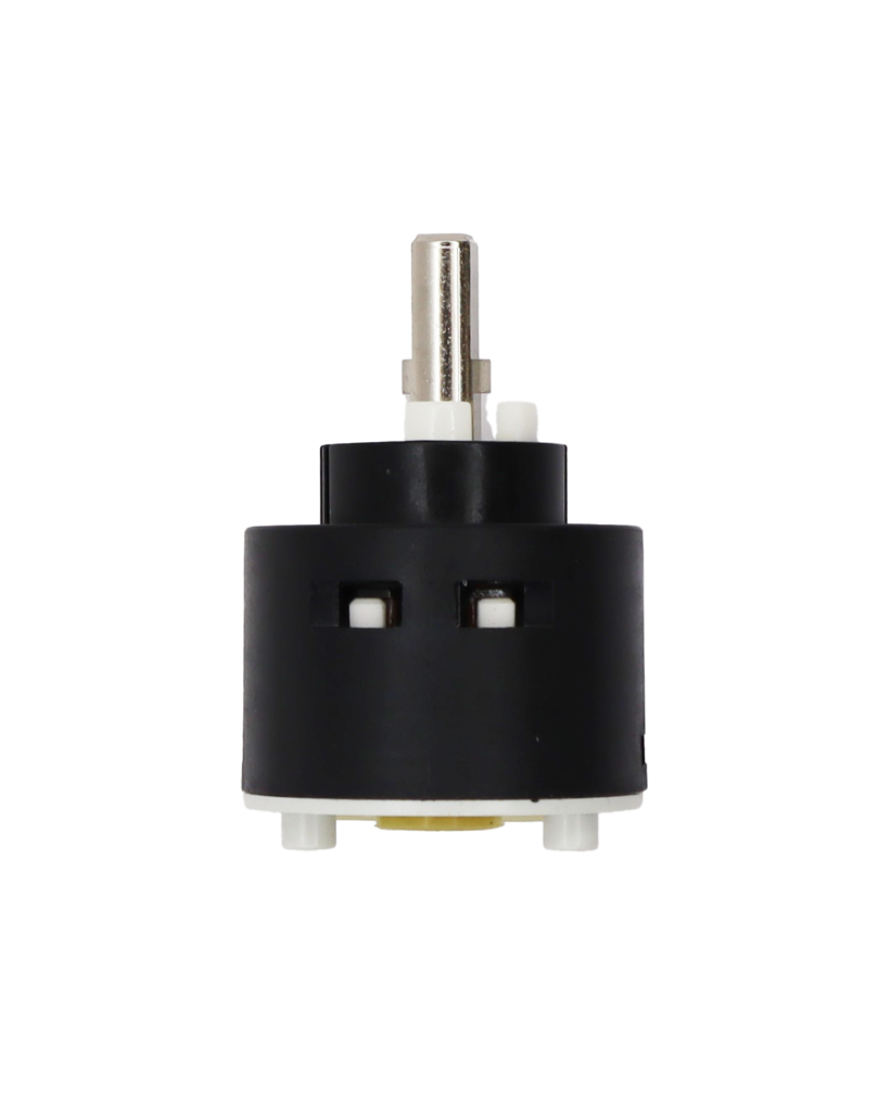 Black and white plastic cartridge with netal handle connection with tan rubber seals.