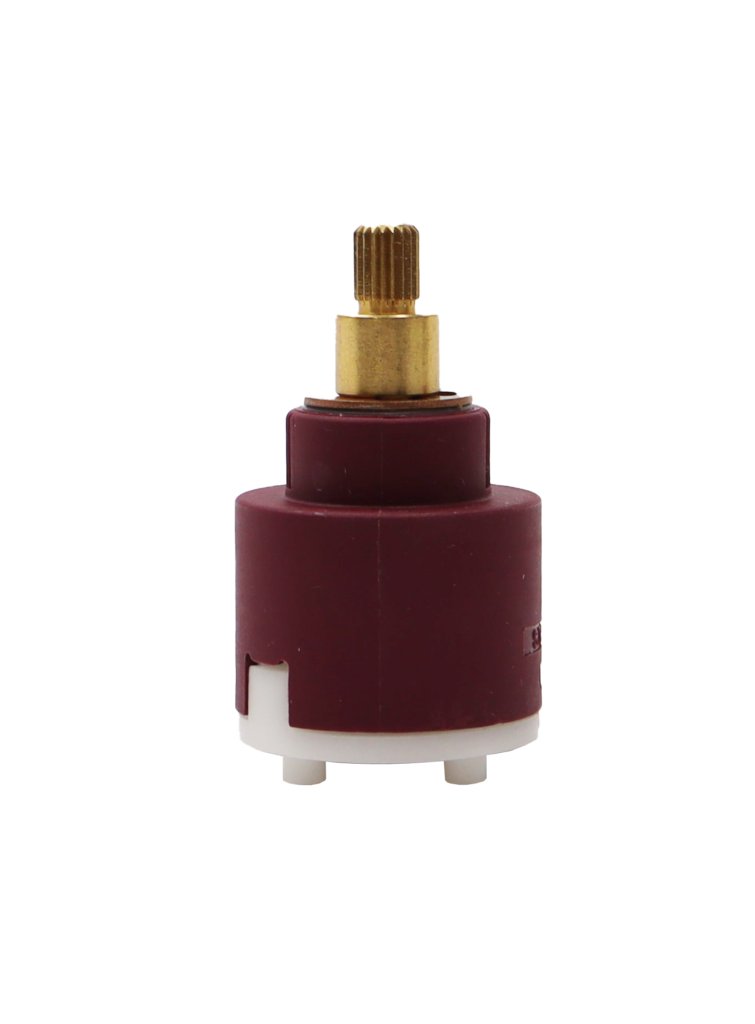 Maroon plastic cartridge with brass stem white plastic bottom and tan rubber seal.