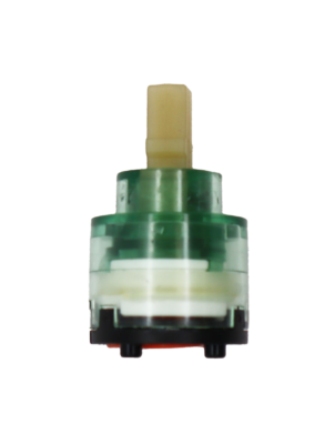 Clear green and white plastic cartridge with orange bottom seal.