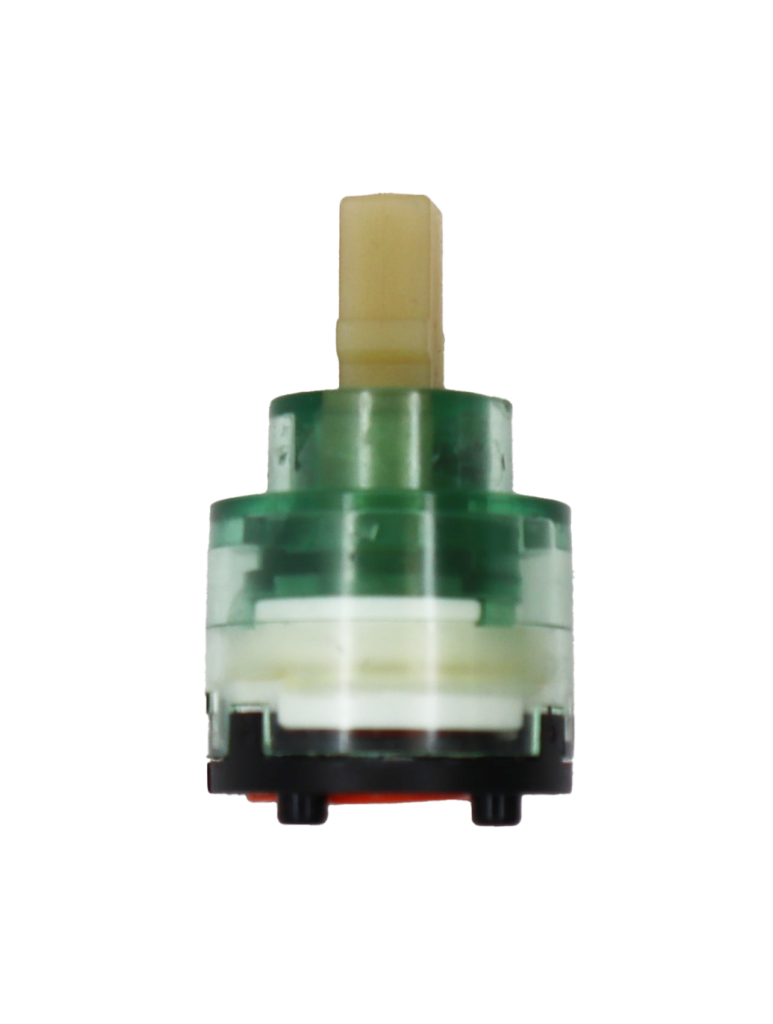 Clear green and white plastic cartridge with orange bottom seal.