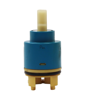 Blue and tan cartridge with white square handle connection black rubber o-ring with black rubber seals.