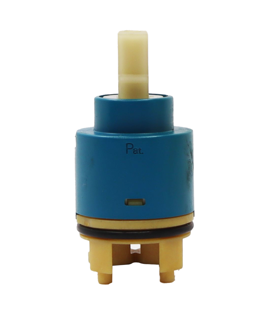 Blue and tan cartridge with white square handle connection black rubber o-ring with black rubber seals.