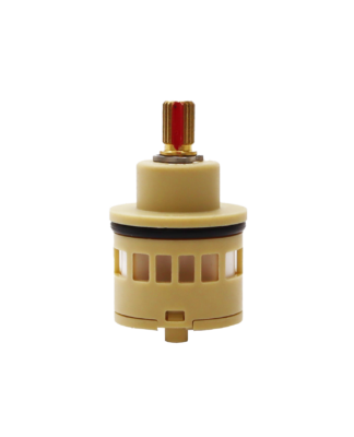 Tan plastic cartridge brass stem with red alignment mark white ceramic discs black oring and black bottom washer.