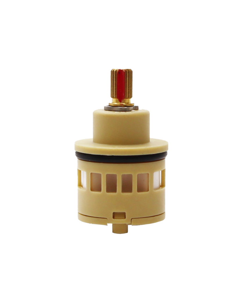 Tan plastic cartridge brass stem with red alignment mark white ceramic discs black oring and black bottom washer.