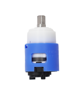 Blue and white plastic cartridge with metal handle connection black bottom with rubber seals.