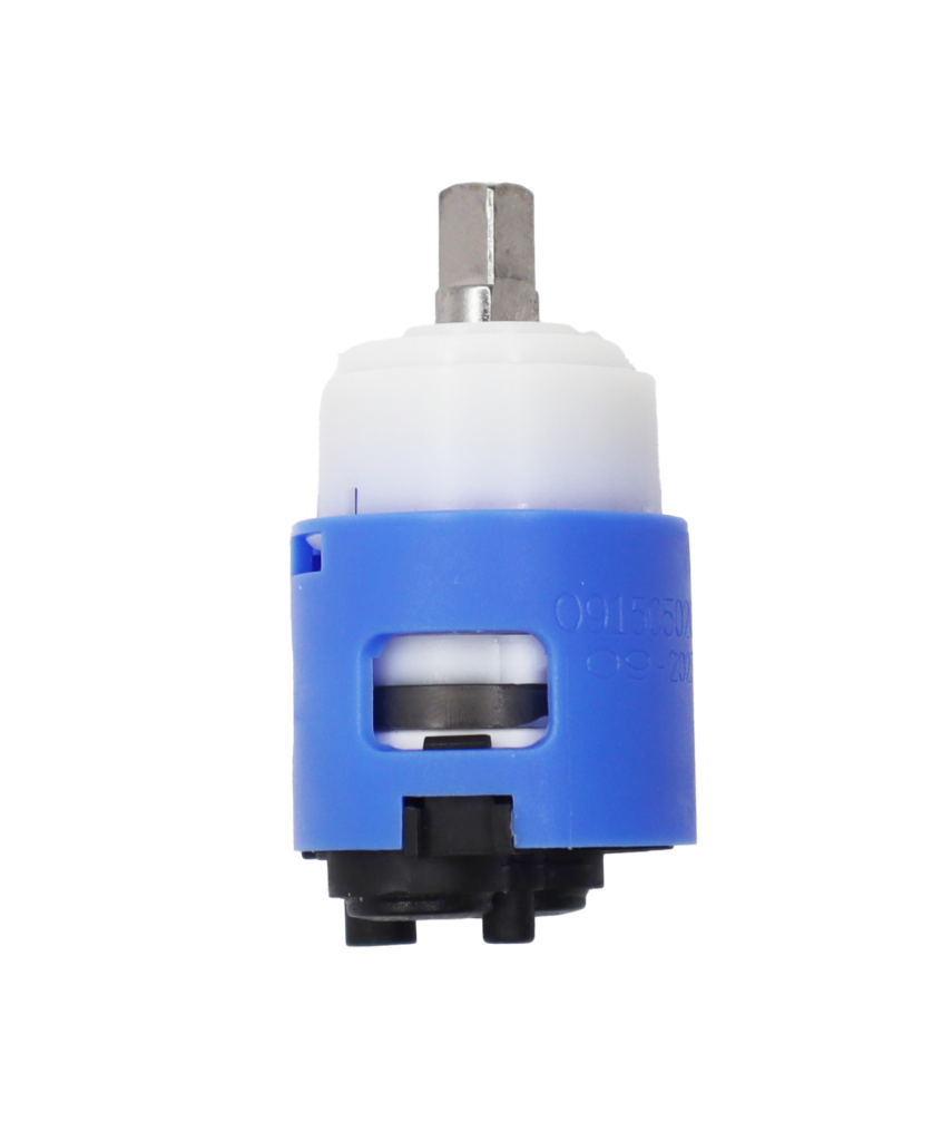 Blue and white plastic cartridge with metal handle connection black bottom with rubber seals.