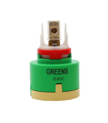 Lime green and tan cartridgw with square brass handle connection white limit stop and rubber seals.