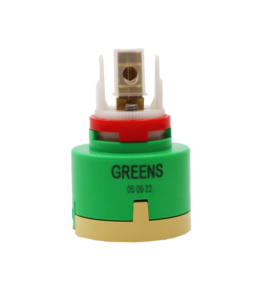 Lime green and tan cartridgw with square brass handle connection white limit stop and rubber seals.