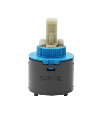 Grey plastic body with light blue top square white plastic handle connection and light blue seal on the bottom.