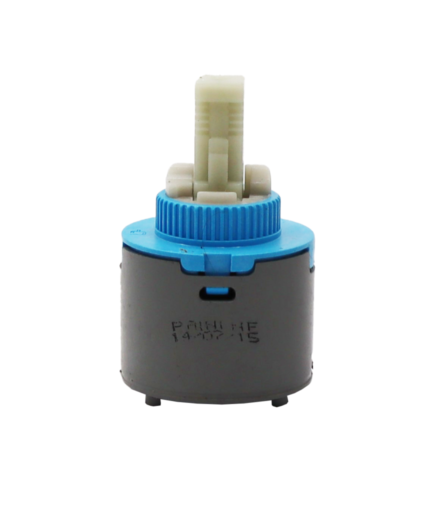 Grey plastic body with light blue top square white plastic handle connection and light blue seal on the bottom.