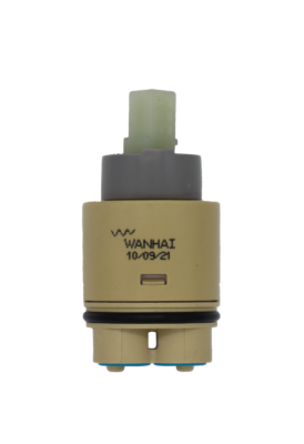 Tan plastic cartridge with grey limit stop square handle connection black oring with light blue bottom seal.