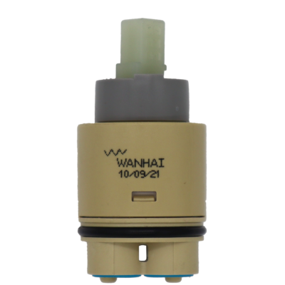 Tan plastic cartridge with grey limit stop square handle connection black oring with light blue bottom seal.