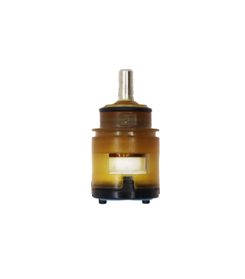 Tan and brown plastic cartridge with stainless metal handle connection and rubber bottom seals.