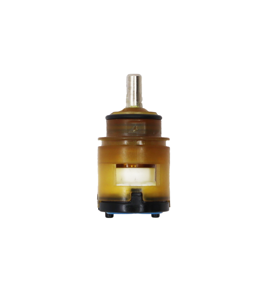 Tan and brown plastic cartridge with stainless metal handle connection and rubber bottom seals.