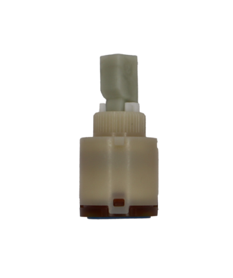 Tan plastic cartridge with white limit stop square handle connection black bottom with blue rubber seal.