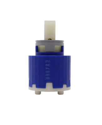 Bright blue cartridge with grey limit stop white plastic handle connection white bottom with black rubber seal.