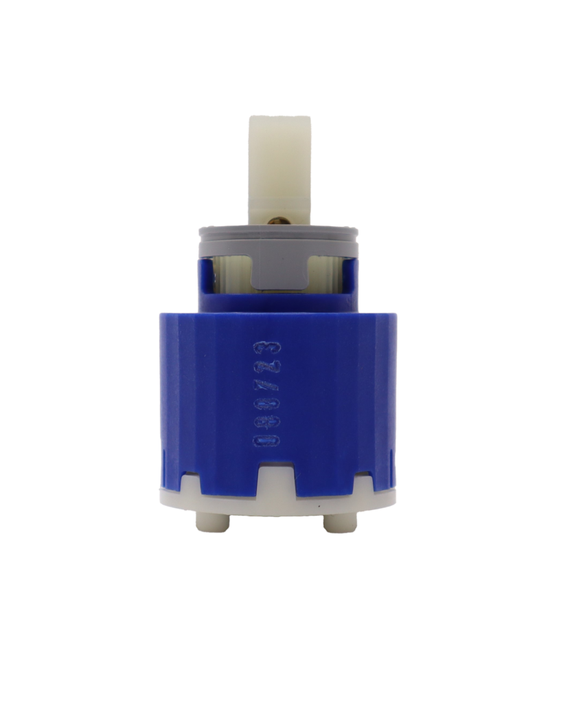 Bright blue cartridge with grey limit stop white plastic handle connection white bottom with black rubber seal.