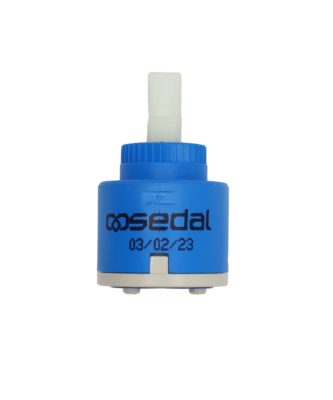 Bright blue cartridge body with sedal in black, White squate handle connection with grey bottom and blue seal.