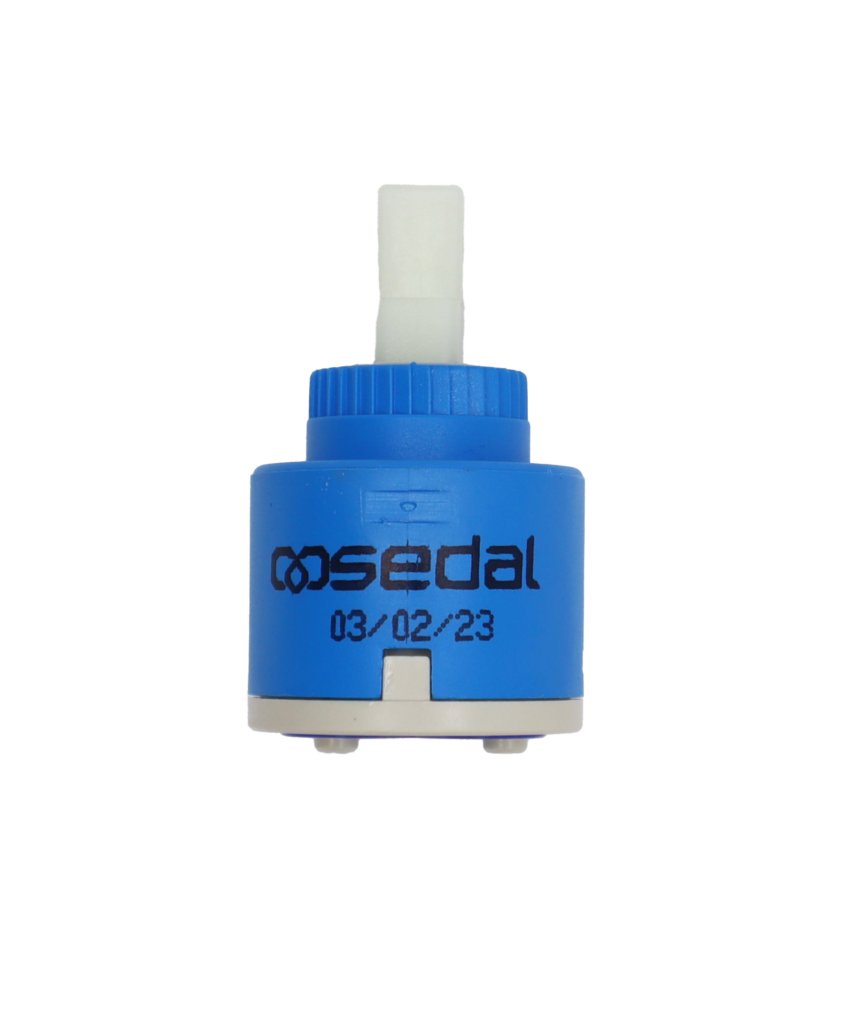 Bright blue cartridge body with sedal in black, White squate handle connection with grey bottom and blue seal.