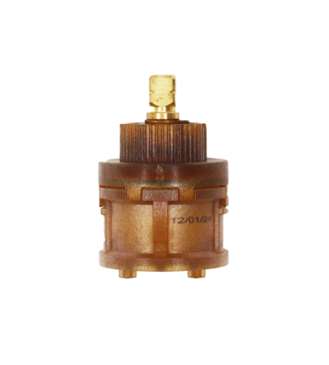 Brown plastic cartridgw with brass handle connection and blue rubber seals.