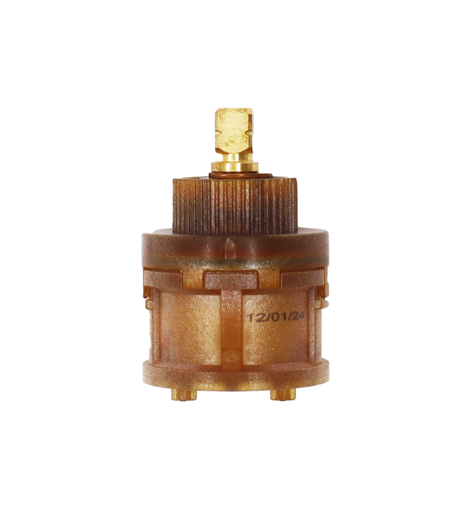 Brown plastic cartridgw with brass handle connection and blue rubber seals.