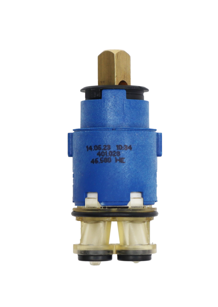 Blue plastic cartridge with black limit stop with square brass handle connection black rubber o-rings and black rubber seals.
