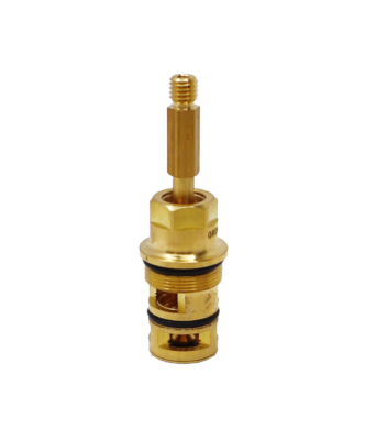 Bright brass diverter cartridge with black rubber o-rings.