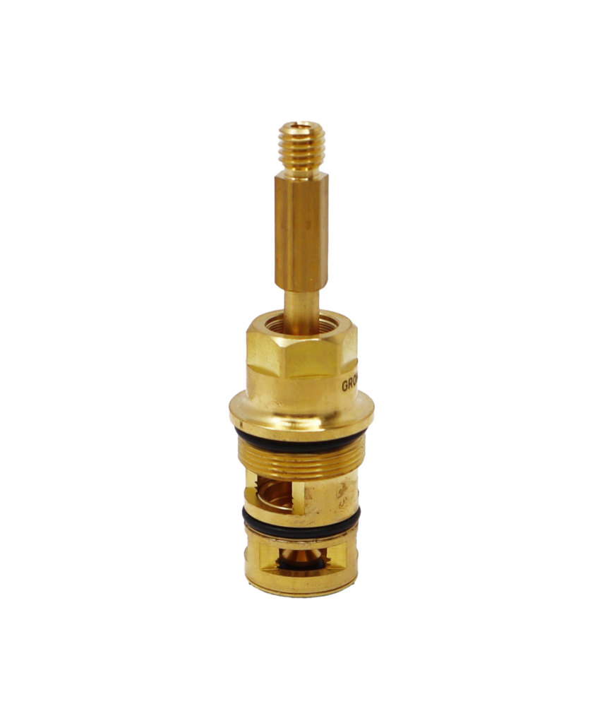 Bright brass diverter cartridge with black rubber o-rings.