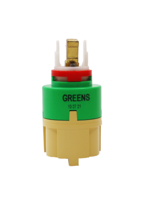 Tan & green plastic cartridge body with red and white limit stop brass handle connection black orings and white bottom seal.