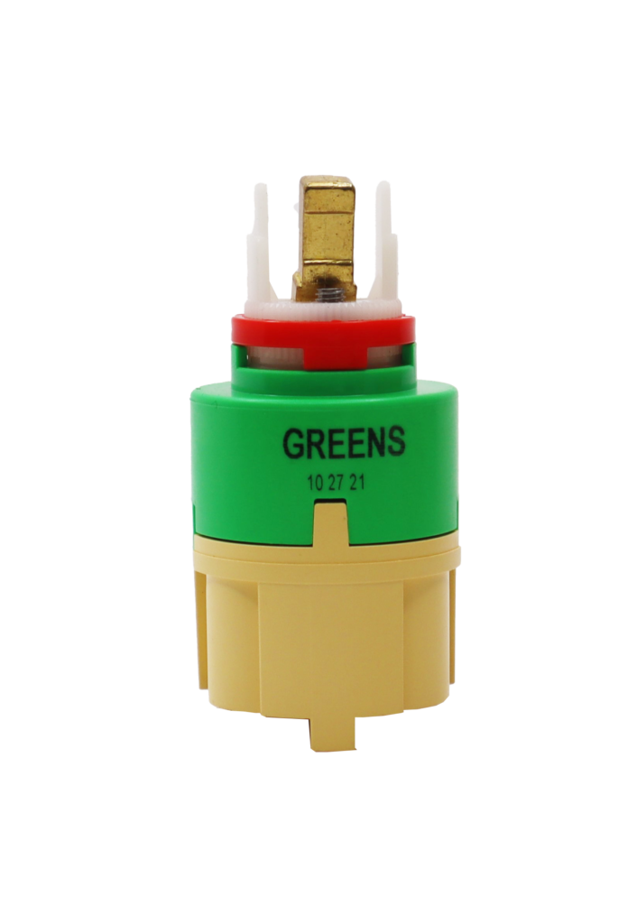 Tan & green plastic cartridge body with red and white limit stop brass handle connection black orings and white bottom seal.