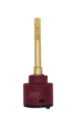 Maroon and black plastic cartridgw with brass stem and red rubber seal.