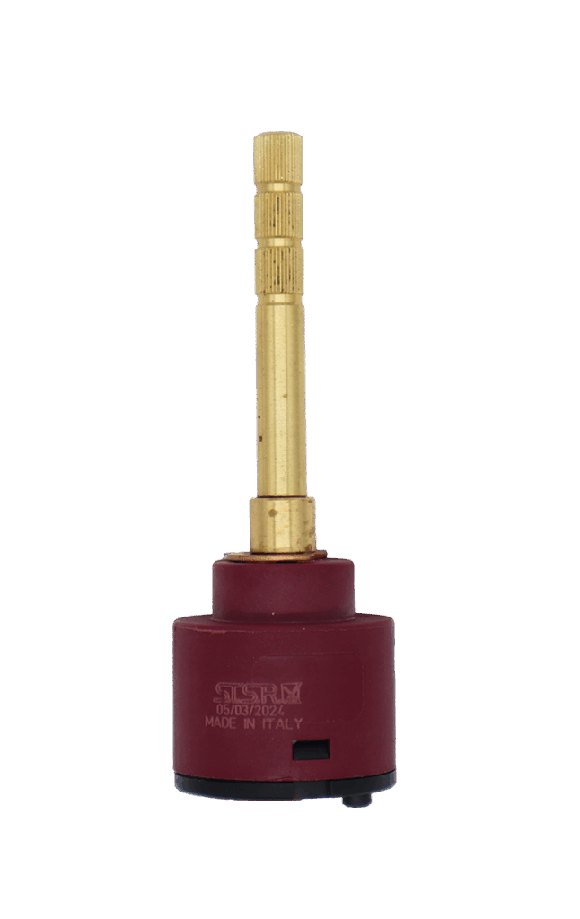 Maroon and black plastic cartridgw with brass stem and red rubber seal.