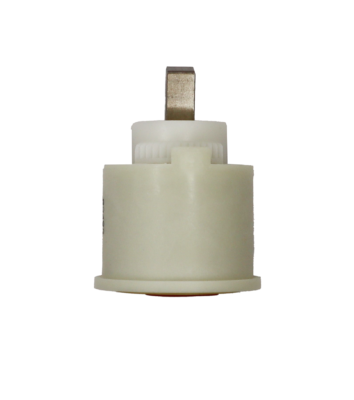Beige plastic cartridge with white limit stop brass handle connection and red rubber washers.