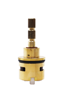 Bright brass cartridgw with black rubber o-ring white ceramic discs white plastic alignment tab and white rubber seals.