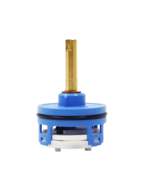 Blue plastic cartridge with bright brass stem black rubber o-ring white ceramic discs and black seals.